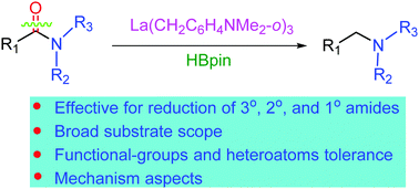 Graphical abstract: Hydroborative reduction of amides to amines mediated by La(CH2C6H4NMe2-o)3