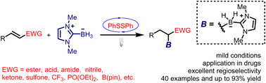 Graphical abstract: Visible-light-induced 1,2-diphenyldisulfane-catalyzed regioselective hydroboration of electron-deficient alkenes