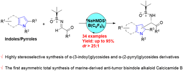 Graphical abstract: NaHMDS/B(C6F5)3-promoted diastereoselective Friedel–Crafts alkylation of indoles/pyrroles with N-tert-butanesulfinylimines: towards the asymmetric synthesis of bisindole alkaloid Calcicamide B