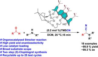 Graphical abstract: Scalable organocatalytic one pot asymmetric Strecker reaction via camphor sulfonyl functionalized crown-ether-tethered calix[4]arene