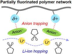 Graphical abstract: A partially fluorinated polymer network enhances the Li-ion transference number of sulfolane-based highly concentrated electrolytes