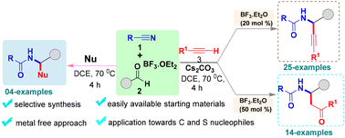 Graphical abstract: BF3·Et2O controlled selective synthesis of α-substituted propargylamides and β-(N-acylamino) ketones: application to carbon and sulphur nucleophiles