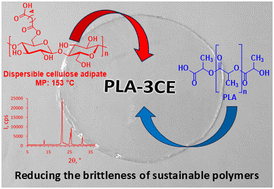 Graphical abstract: New dispersible and low-melting cellulose ester produced with molten adipic acid as a solvent, reagent and catalyst, and its application to improve the mechanical properties of PLA