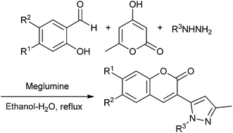 Graphical abstract: Meglumine catalyzed one-pot, three-component combinatorial synthesis of pyrazoles bearing a coumarin unit