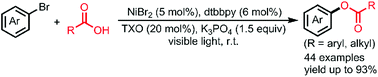 Graphical abstract: Visible light driven, nickel-catalyzed aryl esterification using a triplet photosensitiser thioxanthen-9-one