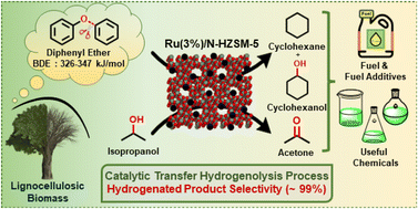 Graphical abstract: Selective C–O bond cleavage in diphenyl ether via catalytic transfer hydrogenolysis over Ru-decorated nanocrystalline H-ZSM-5