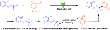 Graphical abstract: An aryl-to-alkyl radical relay arylation reaction of a remote C(sp3)–H bond using 1,4-dicyanobenzene as an electrochemical redox-mediator