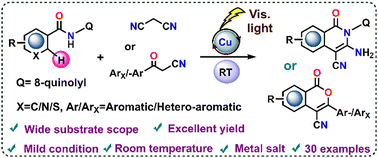 Graphical abstract: Visible-light triggered Cu-catalyzed C–H bond activation to afford isocoumarin and isoquinolinone scaffolds at room temperature