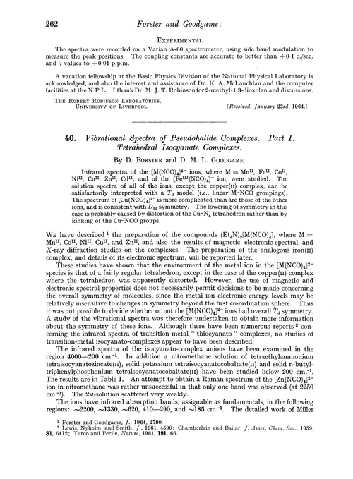 40. Vibrational spectra of pseudohalide complexes. Part I. Tetrahedral isocyanate complexes
