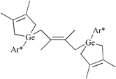 Graphical abstract: Formation of [Ar*Ge [[upper bond 1 start]] {CH2C(Me)C(Me)C [[upper bond 1 end]] H2}CH2C(Me) [[double bond, length as m-dash]] ]2 (Ar* = C6H3-2,6-Trip2; Trip = C6H2-2,4,6-i-Pr3) via reaction of Ar*GeGeAr* with 2,3-dimethyl-1,3-butadiene: evidence for the existence of a germanium analogue of an alkyne