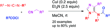 Graphical abstract: Copper-catalyzed three-component synthesis of 5-acetamidoimidazoles from carbodiimides, acyl chlorides and isocyanides