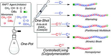 Graphical abstract: One-shot controlled/living copolymerization for various comonomer sequence distributions via dual radical and cationic active species from RAFT terminals