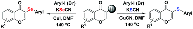 Graphical abstract: Copper-catalyzed generation of flavone selenide and thioether derivatives using KSeCN and KSCN via C–H functionalization