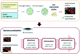 Graphical abstract: Omega-3 fatty acids and plant sterols as cardioprotective ingredients in beef patties: composition and relevance of nutritional information on sensory characterization