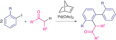 Graphical abstract: A catalytic synthesis of selectively substituted biaryls through sequential intermolecular coupling involving arene and ketone C–H bond functionalization