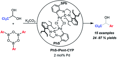 Graphical abstract: Pd-catalyzed synthesis of 1-(hetero)aryl-2,2,2-trichloroethanols using chloral hydrate and (hetero)arylboroxines