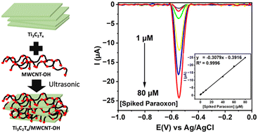 Graphical abstract: Ultrasensitive non-enzymatic electrochemical detection of paraoxon-ethyl in fruit samples using 2D Ti3C2Tx/MWCNT-OH