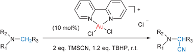 Graphical abstract: Gold-complexes catalyzed oxidative α-cyanation of tertiary amines
