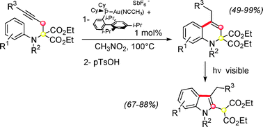 Graphical abstract: Gold(i)-catalyzed formation of dihydroquinolines and indoles from N-aminophenyl propargyl malonates