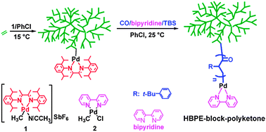 Graphical abstract: A ligand exchange strategy for one-pot sequential synthesis of (hyperbranched polyethylene)-b-(linear polyketone) block polymers