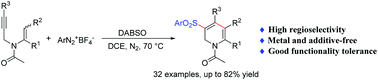 Graphical abstract: Metal-free regioselective cascade sulfonylation–cyclization of 3-aza-1,5-enynes with sulfur dioxide and aryldiazonium tetrafluoroborates to construct 1,2-dihydropyridines
