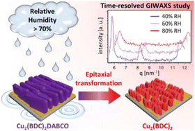 Graphical abstract: Water sensitivity of heteroepitaxial Cu-MOF films: dissolution and re-crystallization of 3D-oriented MOF superstructures