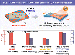 Graphical abstract: Simultaneous integration of poly(dimethylsiloxane) elastomer in polymer donor and dimer acceptor enables strain-induced power enhancement in intrinsically-stretchable organic photovoltaics