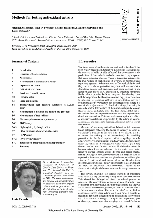 Methods for testing antioxidant activity