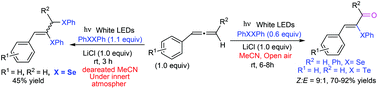 Graphical abstract: Visible-light-induced phenylchalcogenyl-oxygenation of allenes having aryl or electron withdrawing substituents with ambient air as a sole oxidant