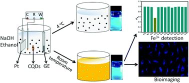 Graphical abstract: Carbon quantum dots directly generated from electrochemical oxidation of graphite electrodes in alkaline alcohols and the applications for specific ferric ion detection and cell imaging