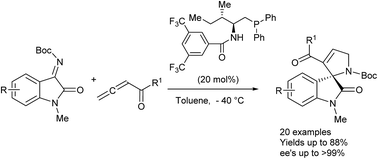 Graphical abstract: l-Isoleucine derived bifunctional phosphine catalyses asymmetric [3 + 2]-annulation of allenyl-esters and -ketones with ketimines