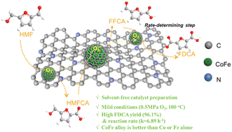 Graphical abstract: Solid-state synthesis of CN-encapsulated CoFe alloy catalysts for mild HMF oxidation to FDCA: insights into the kinetics and mechanism