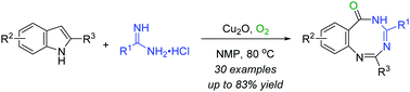 Graphical abstract: Copper-catalyzed construction of eight-membered rings via oxidative ring expansion and intermolecular cyclization sequencing of indoles with amidines: efficient synthesis of benzo[1,3,5]triazocin-6(5H)-ones