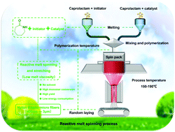 Graphical abstract: Formation of a nylon-6 micro/nano-fiber assembly through a low energy reactive melt spinning process