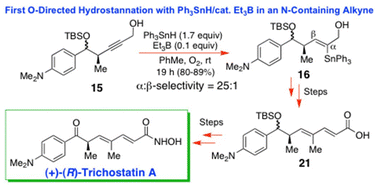 Graphical abstract: Total synthesis of the HDAC inhibitor (+)-(R)-trichostatin A via O-directed dialkylacetylene free radical hydrostannation with Ph3SnH/Et3B. The unusual inhibitory effect of a proximal α-OPv group on the course of a vinyl iodide Stille cross-coupling