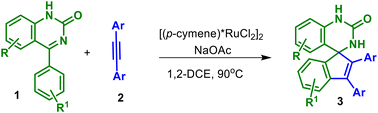 Graphical abstract: Ru(ii)-catalyzed oxidative C–H spiroannulation of 4-arylquinazolin-2-ones with alkynes