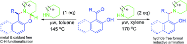 Graphical abstract: Divergent reaction: metal & oxidant free direct C–H aryloxylation and hydride free formal reductive N-benzylation of N-heterocycles