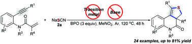 Graphical abstract: Metal-free oxidative [2+2+1] heteroannulation of 1,7-enynes with thiocyanates toward thieno[3,4-c]quinolin-4(5H)-ones