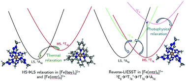 Graphical abstract: Quantum dynamics simulations of the thermal and light-induced high-spin to low-spin relaxation in Fe(bpy)3 and Fe(mtz)6