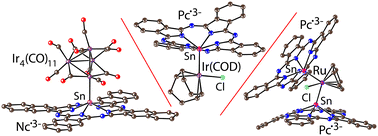 Graphical abstract: Synthesis, structure and properties of coordination complexes of tin(ii) phthalocyanine and naphthalocyanine with transition metal fragments