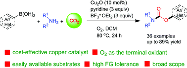 Graphical abstract: A copper-catalyzed oxidative coupling reaction of arylboronic acids, amines and carbon dioxide using molecular oxygen as the oxidant