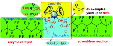 Graphical abstract: Zirconocene-catalyzed direct (trans)esterification of acyl acids (esters) and alcohols in a strict 1 : 1 ratio under solvent-free conditions