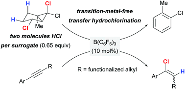 Graphical abstract: Metal-free transfer hydrochlorination of internal C–C triple bonds with a bicyclo[3.1.0]hexane-based surrogate releasing two molecules of hydrogen chloride