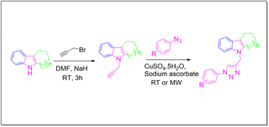 Graphical abstract: Microwave-assisted synthesis, molecular docking studies of 1,2,3-triazole-based carbazole derivatives as antimicrobial, antioxidant and anticancer agents