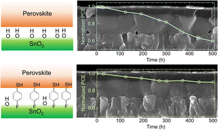 Graphical abstract: Stability and efficiency improvement of perovskite solar cells by surface hydroxyl defect passivation of SnO2 layer with 4-fluorothiophenol