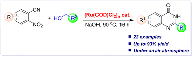 Graphical abstract: Facile Ru-catalysed synthesis of quinazolin-4(3H)-ones by tandem cyclization of 2-nitrobenzonitrile and alcohol derivatives under air