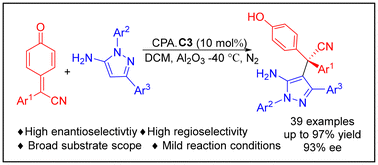 Graphical abstract: Catalytic asymmetric 1,6-type Friedel–Crafts (hetero)arylations of δ-cyano substituted para-quinone methides with 5-aminopyrazoles