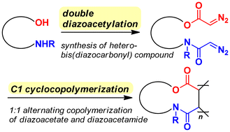 Graphical abstract: Investigation of the C1 polymerizability of diazoacetamide: alternating C1-cyclocopolymerization of hetero-bis(diazocarbonyl) compounds bearing diazoacetate and diazoacetamide units