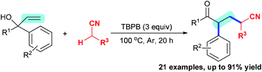 Graphical abstract: Oxidative radical 1,2-alkylarylation of alkenes with α-C(sp3)–H bonds of acetonitriles involving 1,2-aryl migration