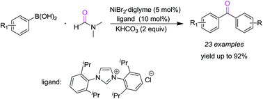 Graphical abstract: Nickel-catalyzed carbonylation of arylboronic acids with DMF as a CO source